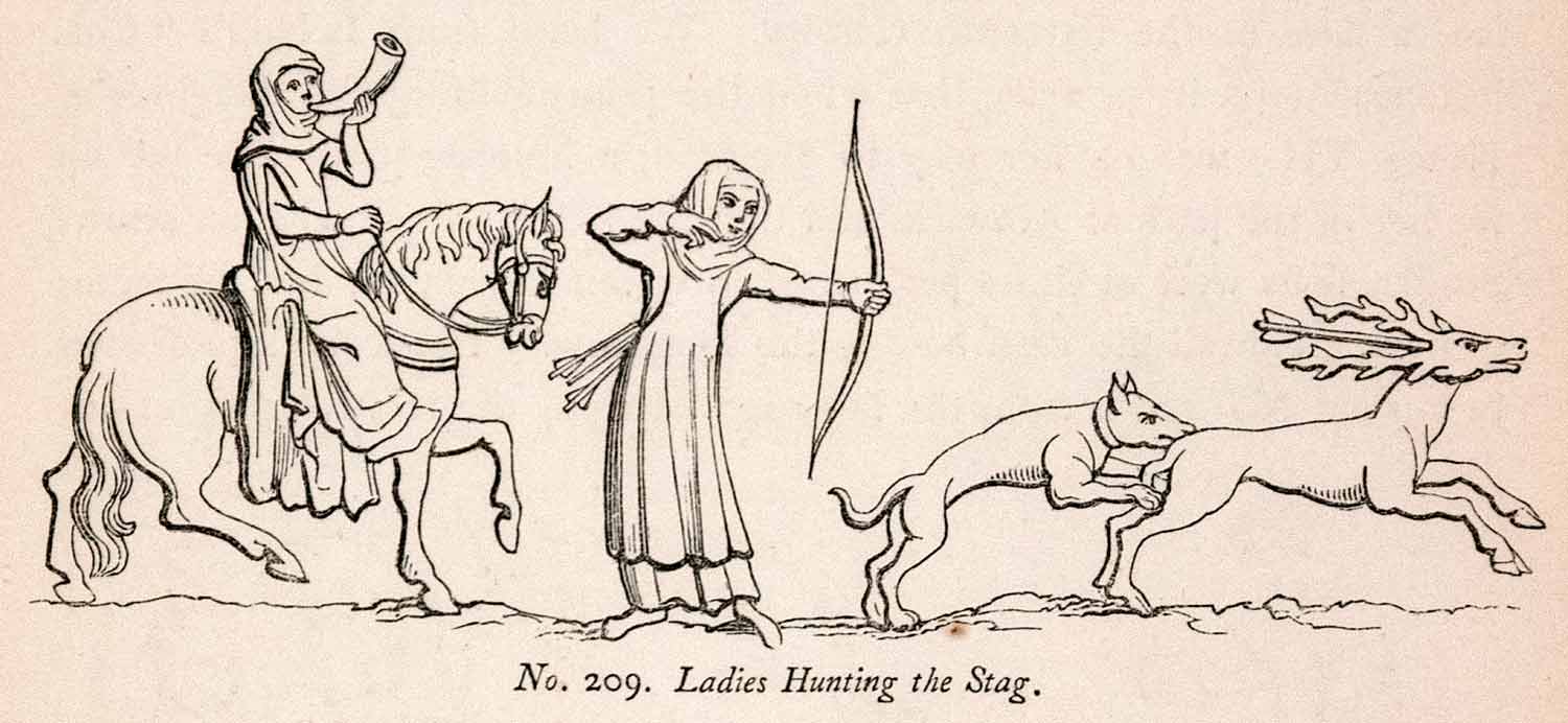 1862 Wood Engraving Frederick William Fairholt Ladies Hunting Stag Deer XGBA4