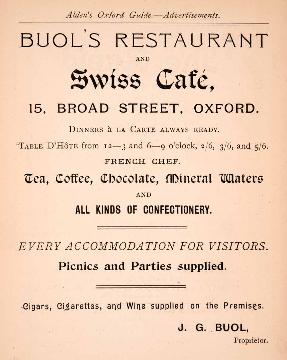 1900 Ad J Buol Restaurant Swiss Cafe 15 Broad Oxford Mineral Water Coffee XGCA4