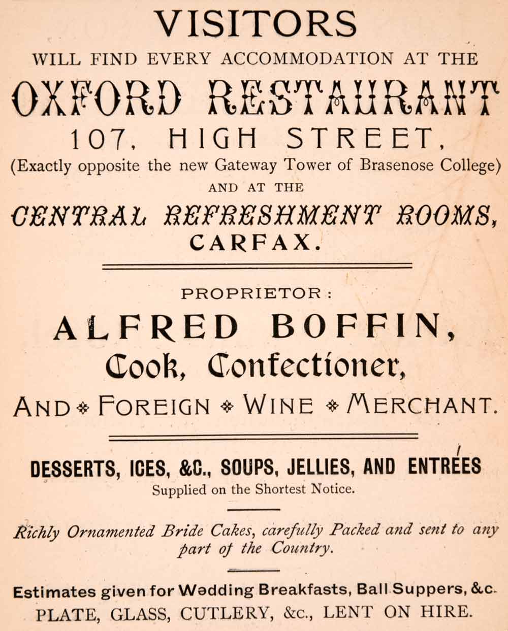1900 Ad Oxford Restaurant 107 High Street Carfax Alfred Boffin Brasnose XGCA4