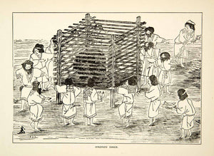 1884 Wood Engraving Ancient Tribe Hinzino Dance Yezo Japan Animal Cage XGED2
