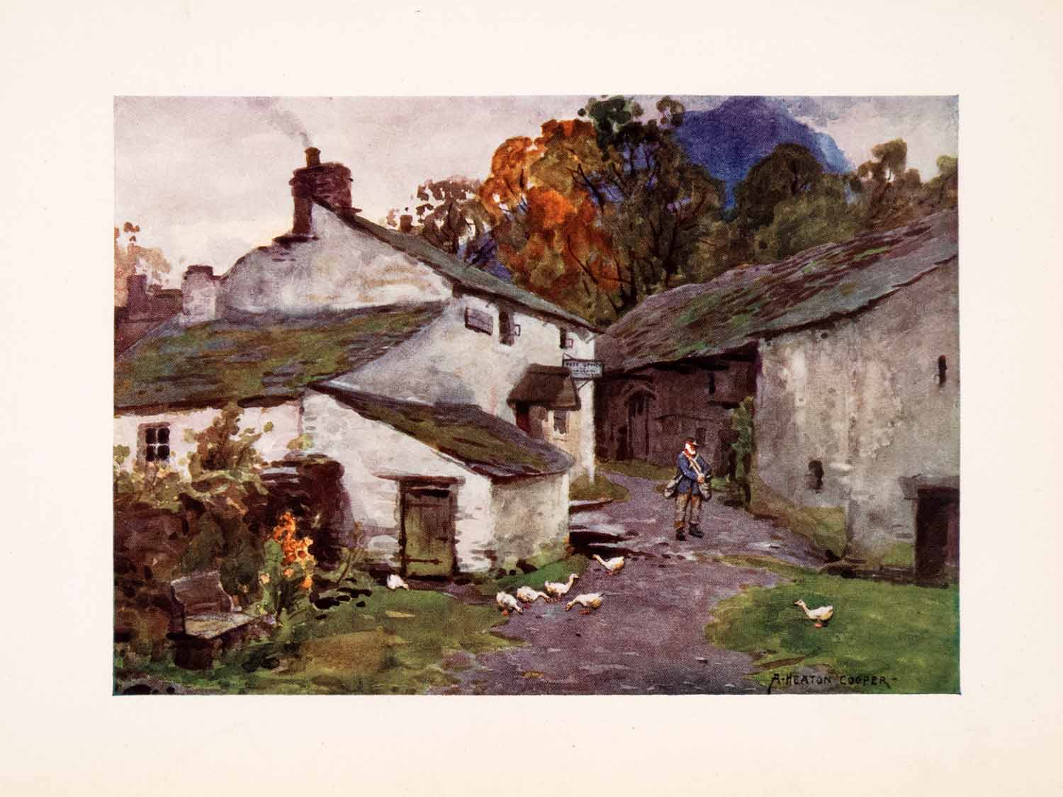 1908 Print Old Post Office Loweswater England Mailman Geese Buildings Tree XGFA4