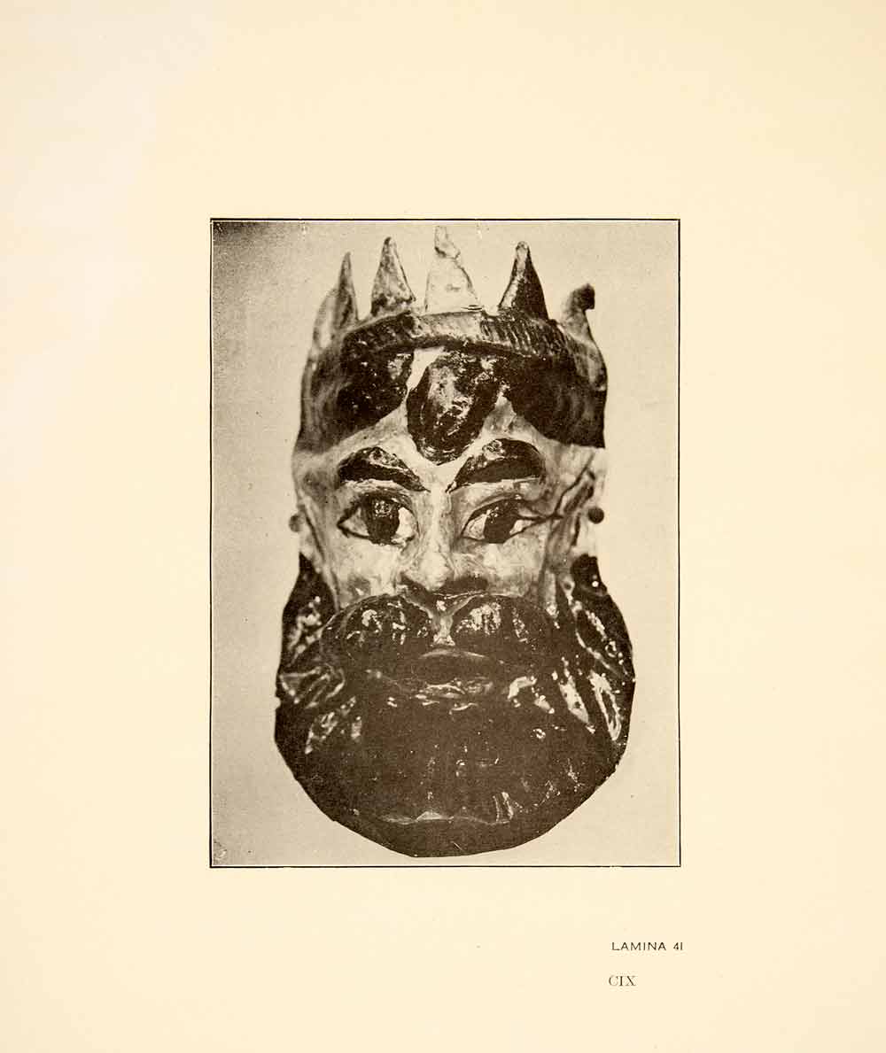 1926 Print Anceint Pasteboard Tribal Mask King Royalty Mexico City Tri