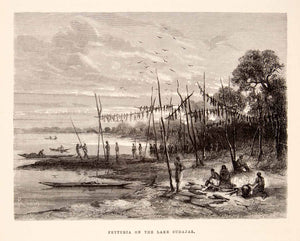 1875 Wood Engraving Lake Cudajaz Feyturia Village Brazil Beach Canoe XGHC1