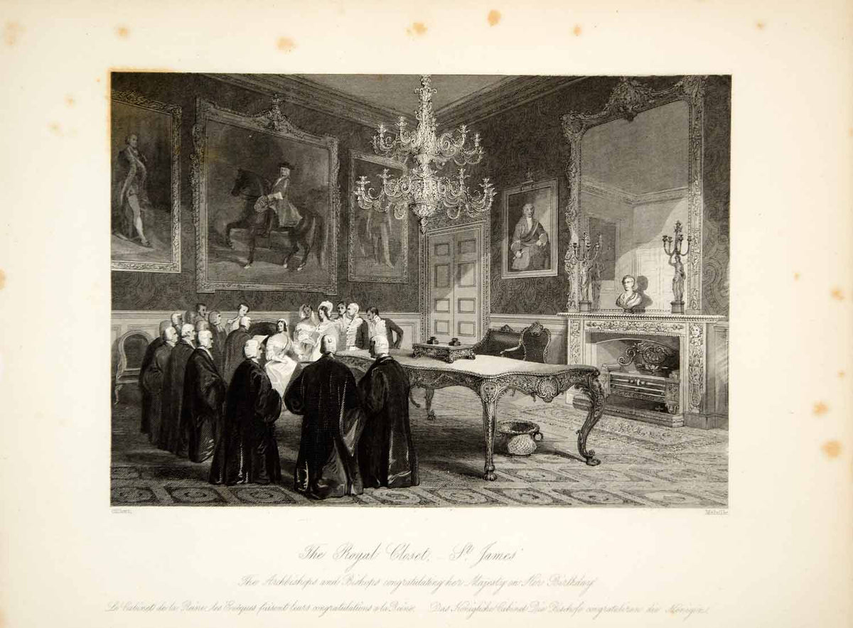 1845 Steel Engraving J Gilbert Royal Closet St James Palace Queen