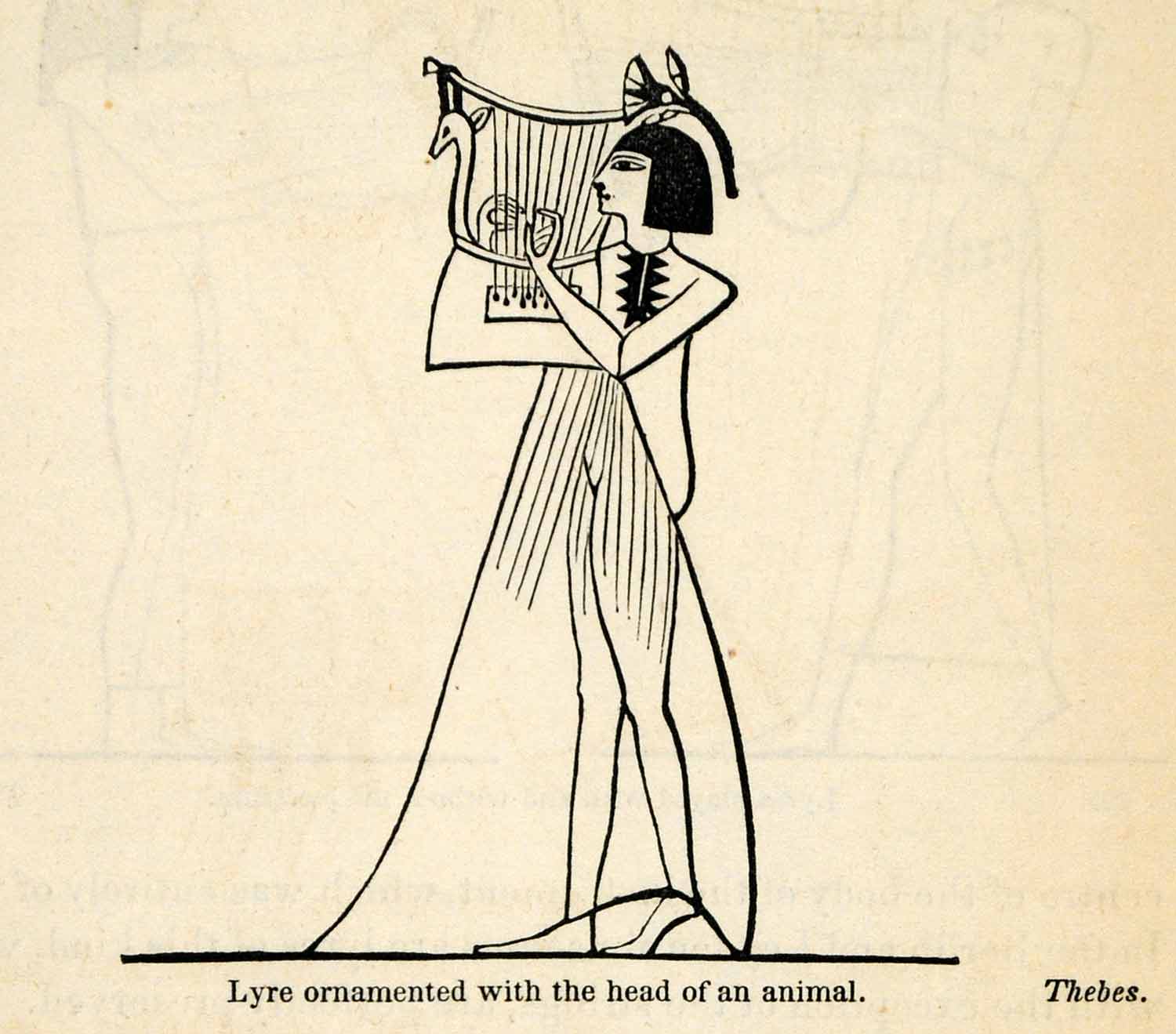 1854 Woodcut Ancient Egyptian Lyre Musician Animal Head Archaeology XGP5