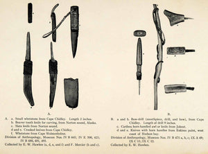 1916 Halftone Print Inuit Whetstone Beaver Tooth Slate Knife Bow Drill Awl XGR6
