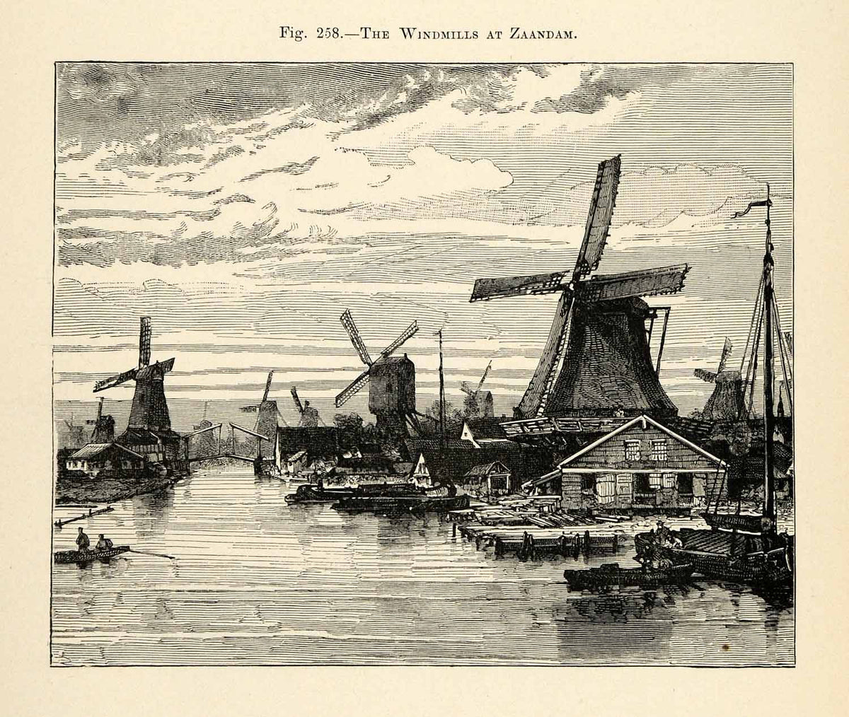 【ビンテージ】1933 The Netherland Indies豪華パンフ 1882 Wood Engraving Windmill Zaandam Netherlands Traditonal Dock