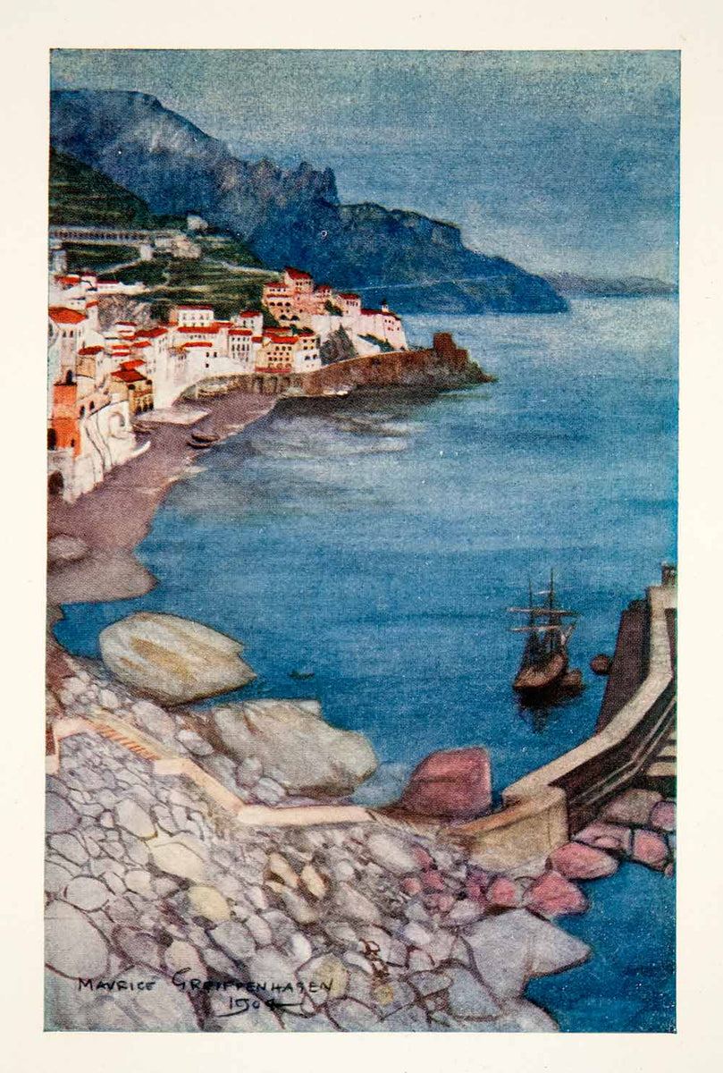 ORIGNIAL Enrico Varriale 夏のアマルフィー港　油彩 1907 Color Print Evening Amalfi Italy Naples Mediterranean Maurice