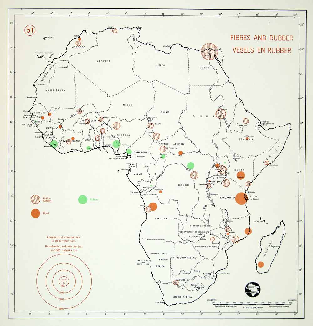 1963 Offset Lithograph Fiber Cotton Sisal Rubber Africa Map Produce XGUC6