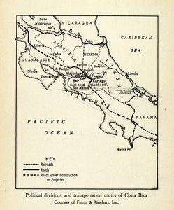 1943 Print Transportation Route Political Division Costa Rica Map Railroad XGW1