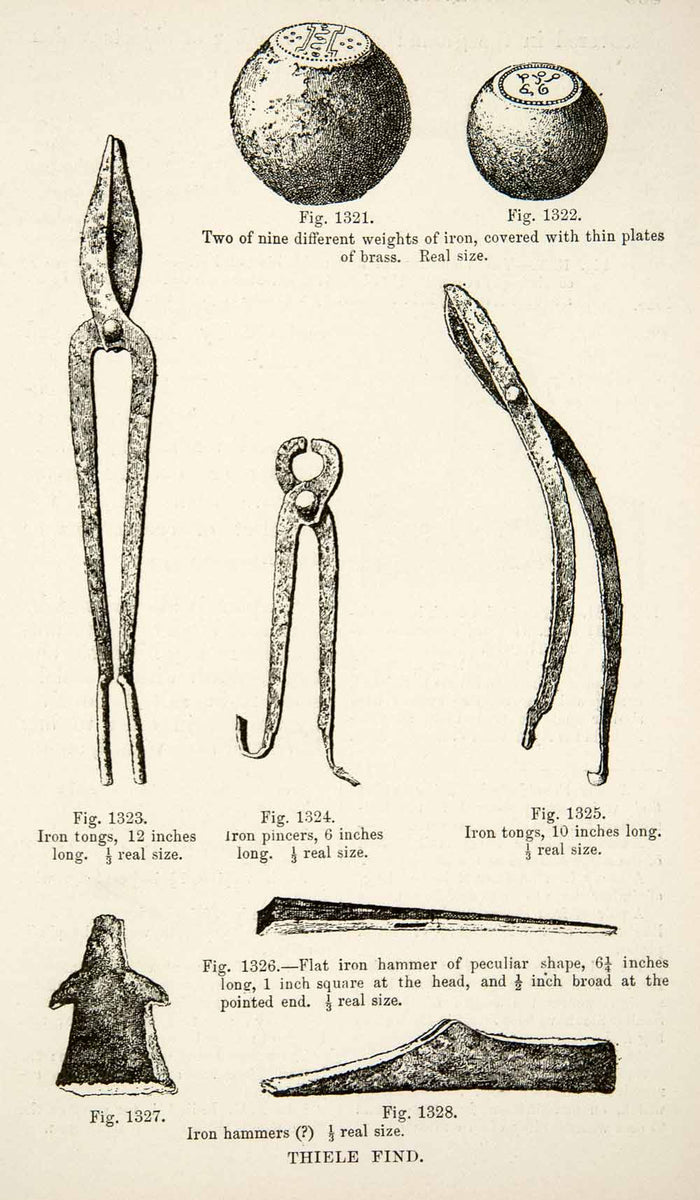 1889 Wood Engraving Tools Tongs Weights Pincers Hammer Brass Iron