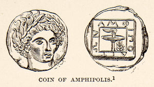 1890 Print Art Ancient Greek Coins Amphilipolis Greece Currency Artifact XHB2