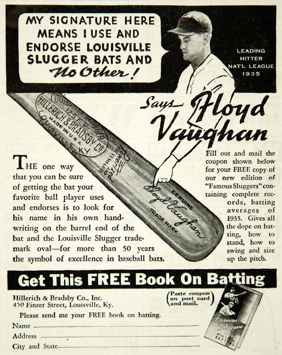 1936 Ad Floyd Vaughan Louisville Slugger Baseball Bat 450 Finzer St KY –  Period Paper Historic Art LLC