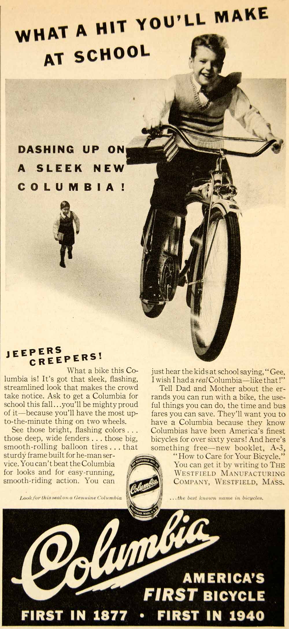 1940 Ad Columbia Bicycle Westfield MA Streamline Balloon Tires Sporting YAB3