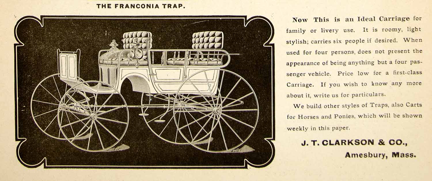 1896 Ad Antique Franconia Trap Buggy Carriage J. T. Clarkson Amesbury MA YAHB1