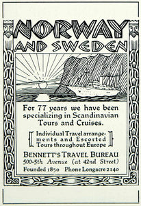 1927 Ad Bennetts Travel Tourism Bureau Norway Sweden Scandinavia Cruise YASR1