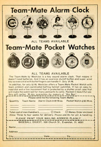 1972 Ad Westclox MLB Baseball Team-Mate Alarm Clock Pocket Watch Fan Sports YBD1