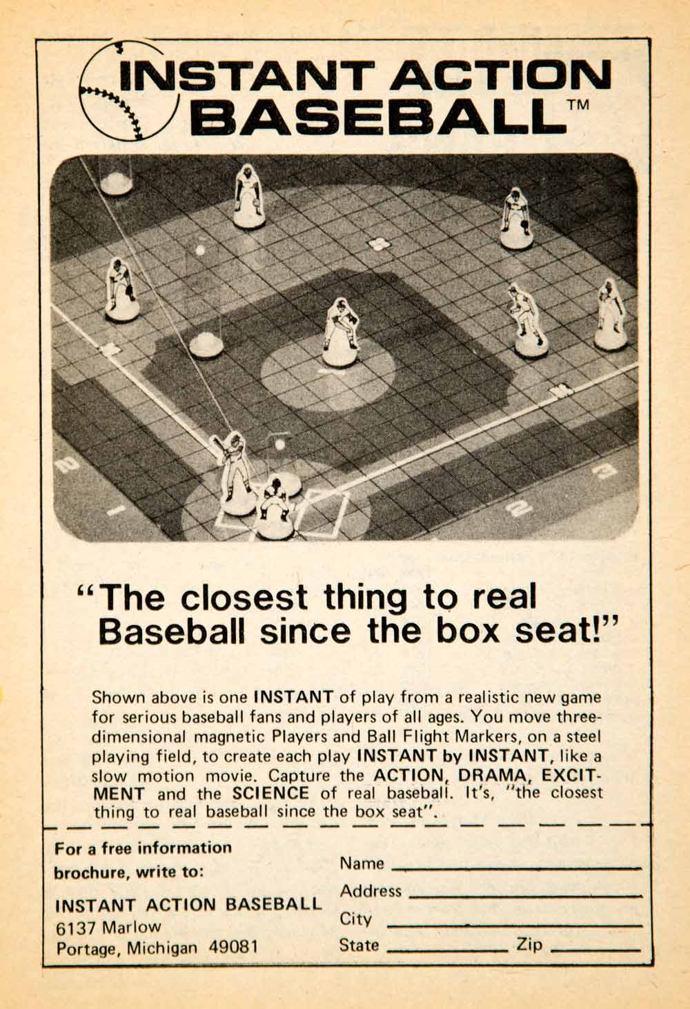 1976 Ad Instant Action Baseball 6137 Marlow Portage MI Magnetic Board Game YBD1