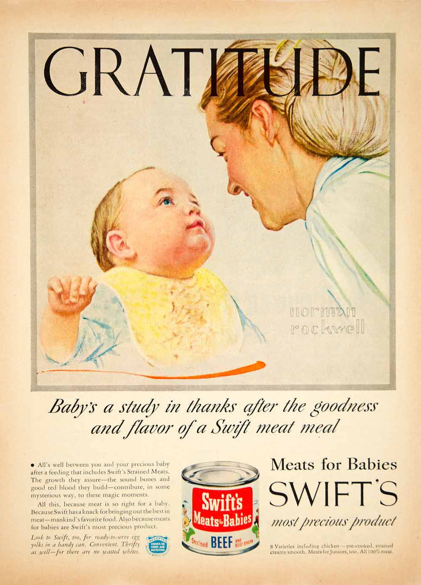 1955 Ad Norman Rockwell Art Swift's Meats Babies Beef Canned Food Infa – Period Paper Historic Art LLC