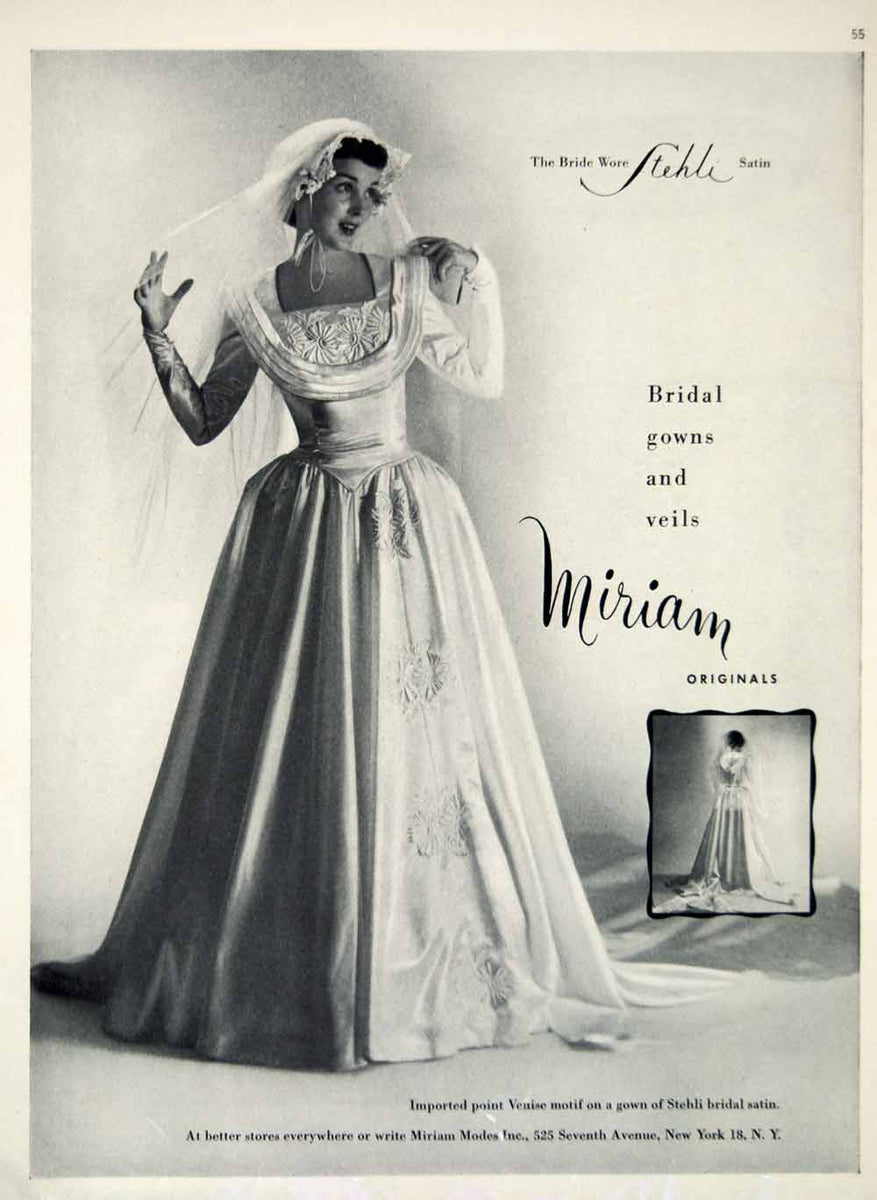 1949 Ad Vintage Stehli Satin Wedding Dress Bridal Gown Bride Veil Miri Period Paper Historic Art LLC 1949 Ad Vintage Stehli Satin Wedding Dress Bridal Gown Bride Veil Miri Period Paper Historic Art LLC