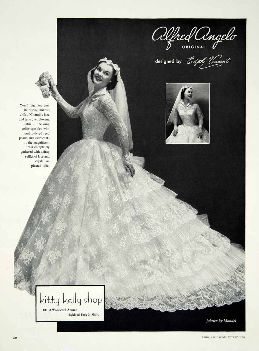 1956 Ad Alfred Angelo Vintage Wedding Dress Edythe Vincent Bride