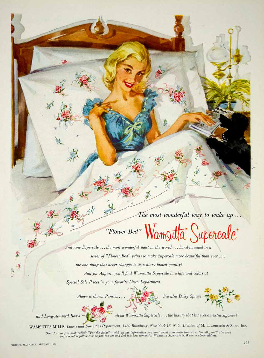 1956 Ad Vintage Wamsutta Supercale Flower Bed Linens Bedsheets