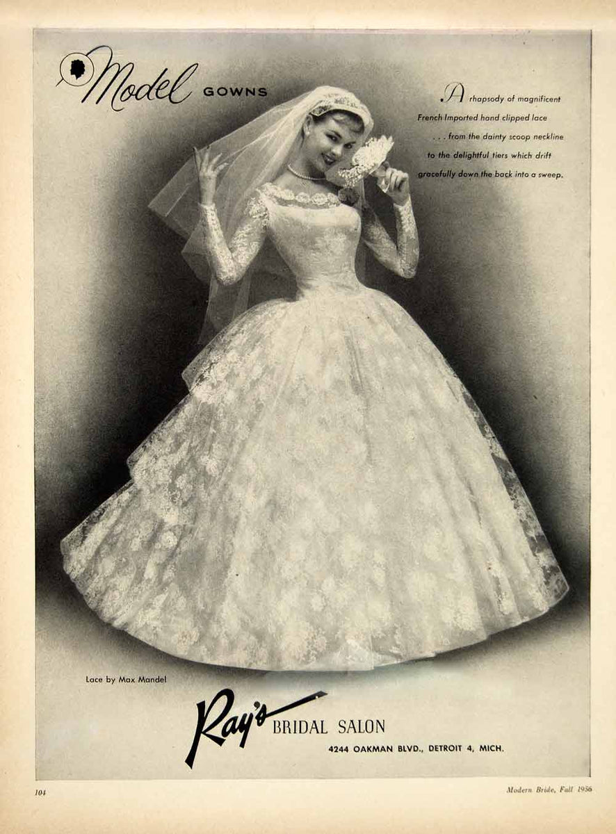 1956 Ad Rays Bridal Salon Lace Wedding Dress Gown Max Mandel Veil
