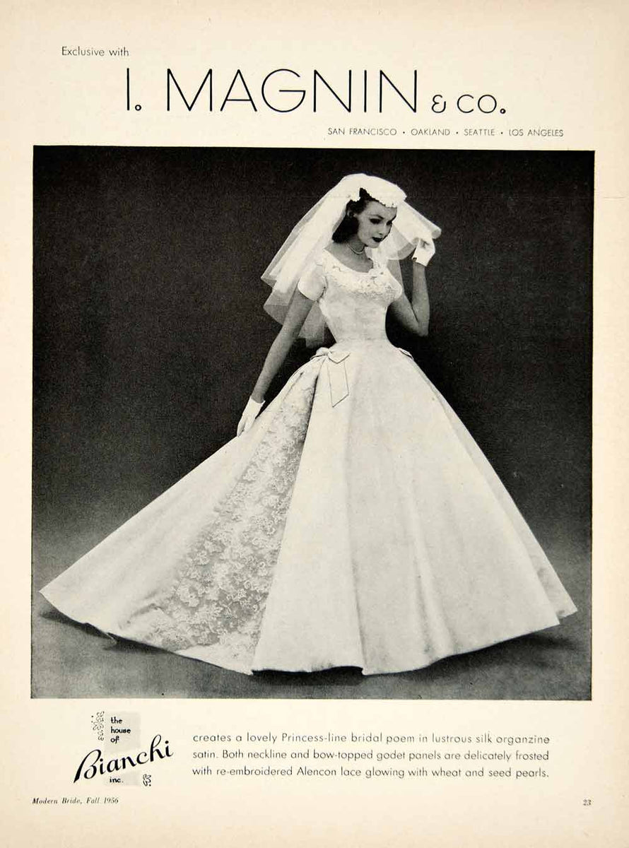 strapless open back dress 1956 Ad Bianchi Wedding Dress Bride Princess Line Satin Lace Bridal Go –  Period Paper Historic Art LLC