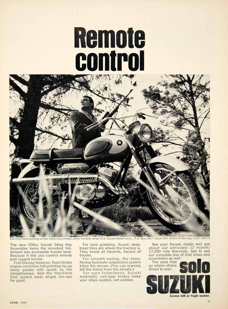 1967 Ad Suzuki Solo Sting Ray Scrambler Sport Motorcycle 200CC Engine