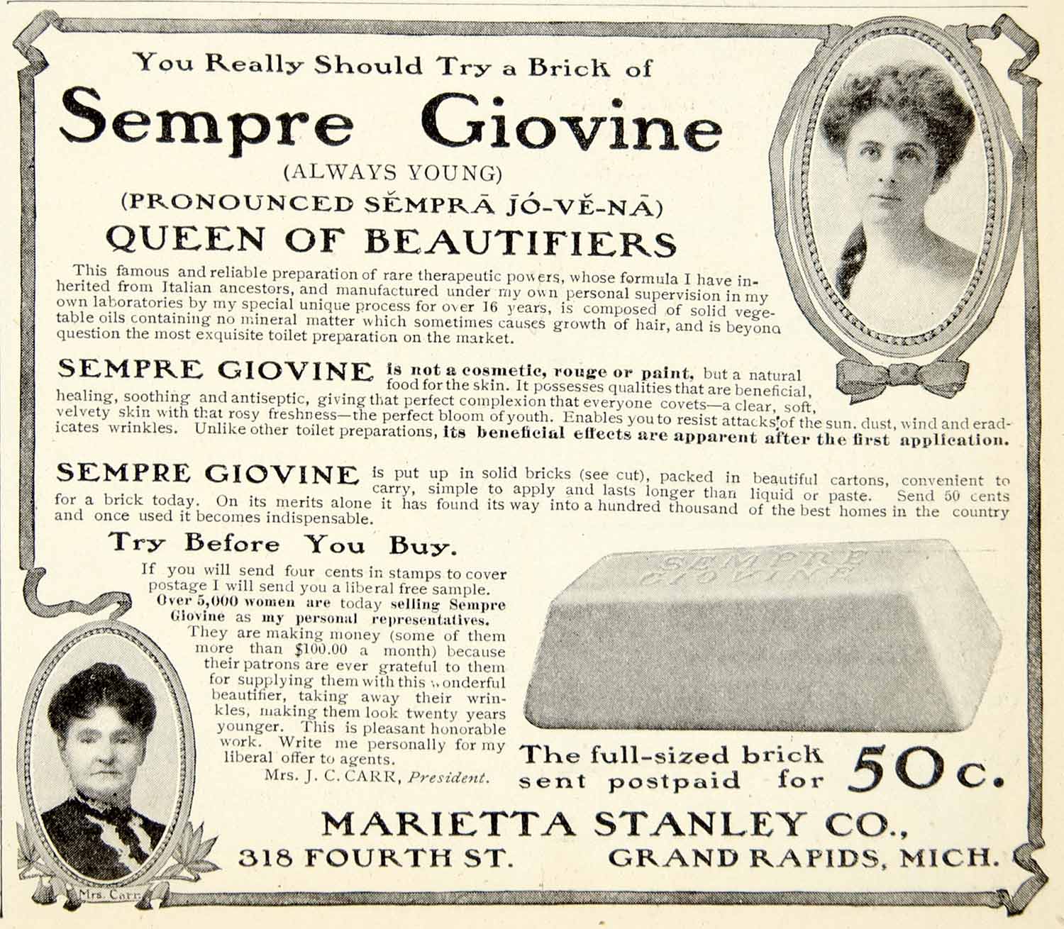 1907 Ad Sempre Giovine Marietta Stanley Grand Rapids Michigan Soap Health YDL4
