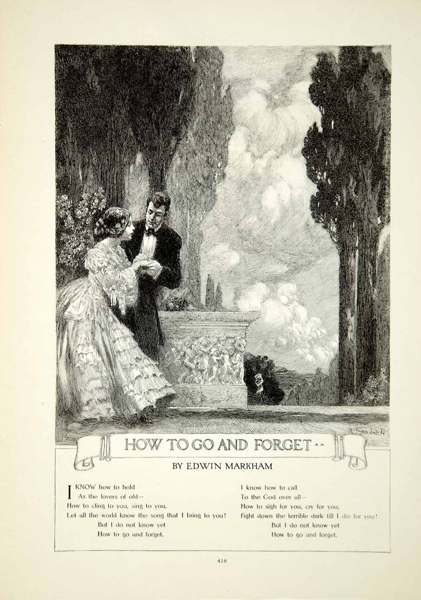 1909 Wood Engraving Victorian Edwardian Lovers Romance Courtyard
