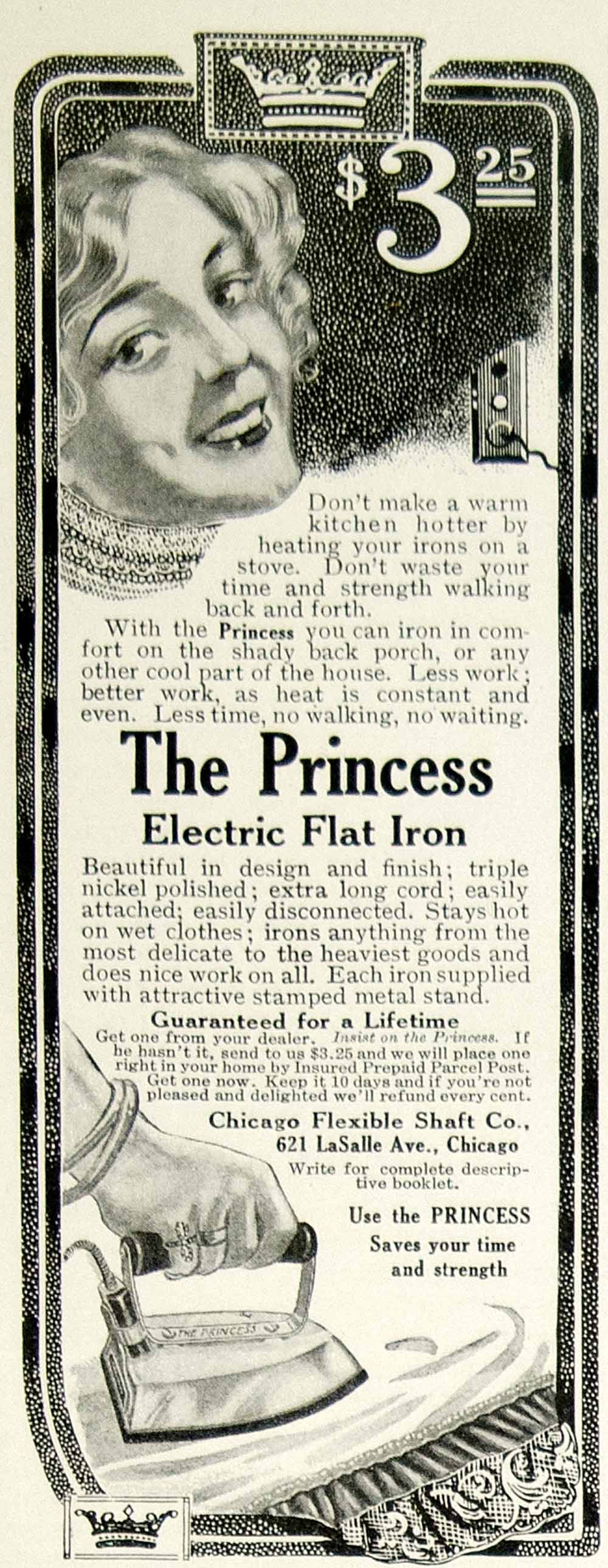 1913 Ad Vintage Princess Electric Flat Iron Antique Chicago Flexible Shaft YDL8