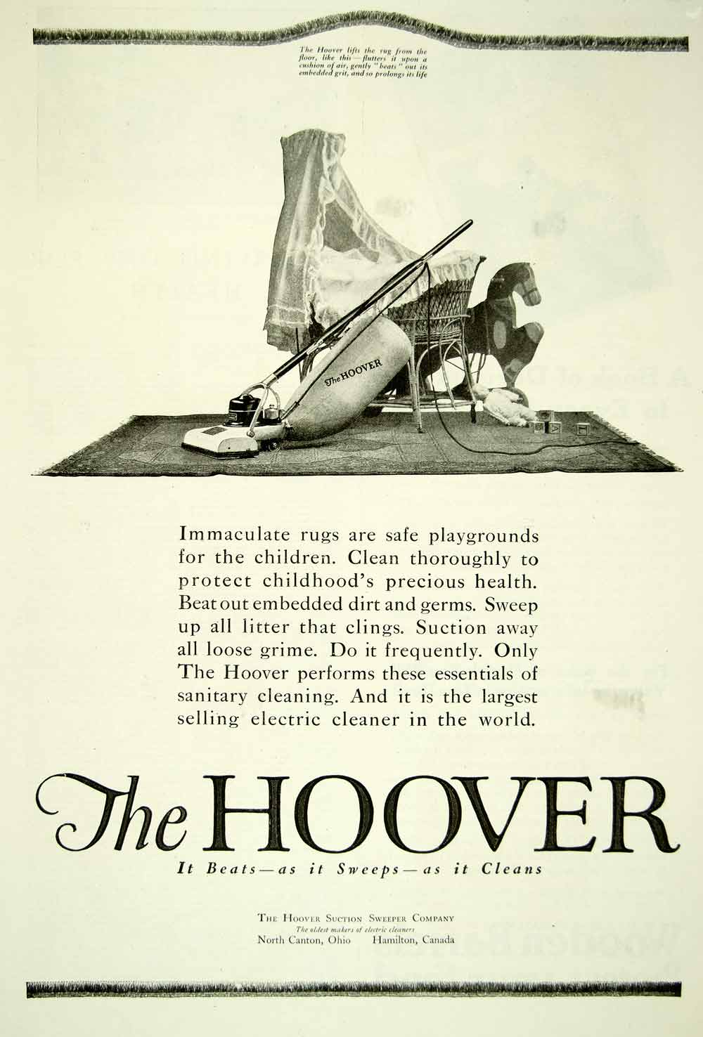 1920 Ad Hoover Vacuum Cleaner Crib Electric Suction Sweeper Cleaning Rug YDL9