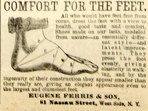 1876 Ad Antique Wooden Shoe Last Eugene Ferris & Son Shoemaker 81 Nassau St. NYC