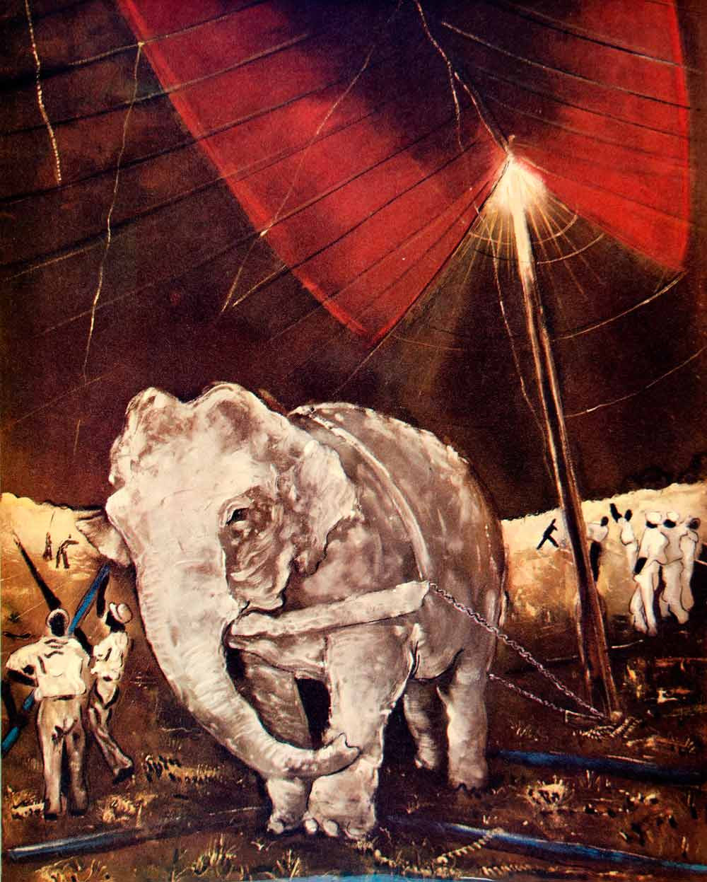 1947 Color Print Elephant Circus Karl Zerbe Pull Haul Tent Red Ringling YFT3 - Period Paper
