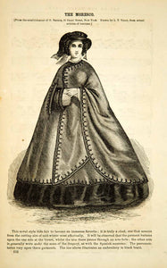 1862 Wood Engraving Victorian Lady Cloak Moresco Godey's Fashion Civil War YGLB1