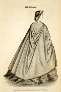 1862 Wood Engraving Victorian Lady Cloak Mantle Coat Godey's Fashion Civil YGLB1