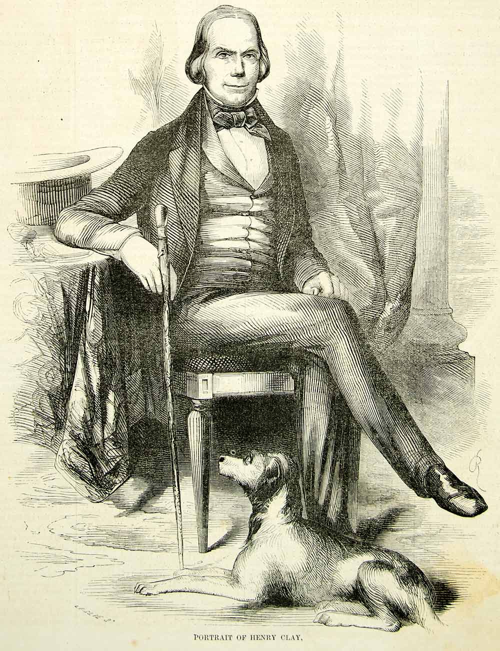 1852 Wood Engraving Art Henry Clay Portrait Dog Pets US Senator Politician YGP2