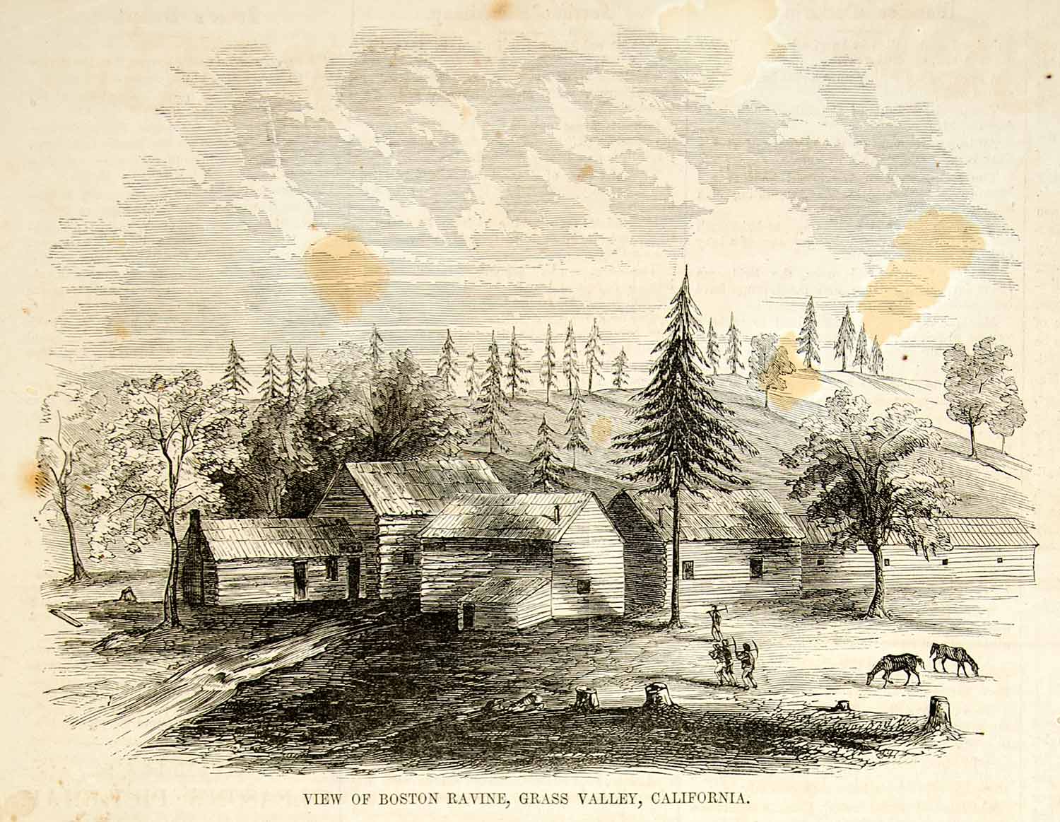 1852 Wood Engraving Art Boston Ravine Grass Valley California Mining Town YGP2