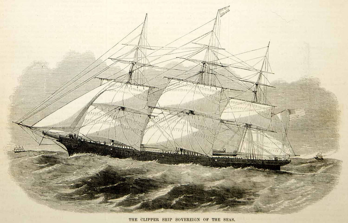 1853 Wood Engraving Sovereign of the Sea Clipper Ship Sailing Vessel S