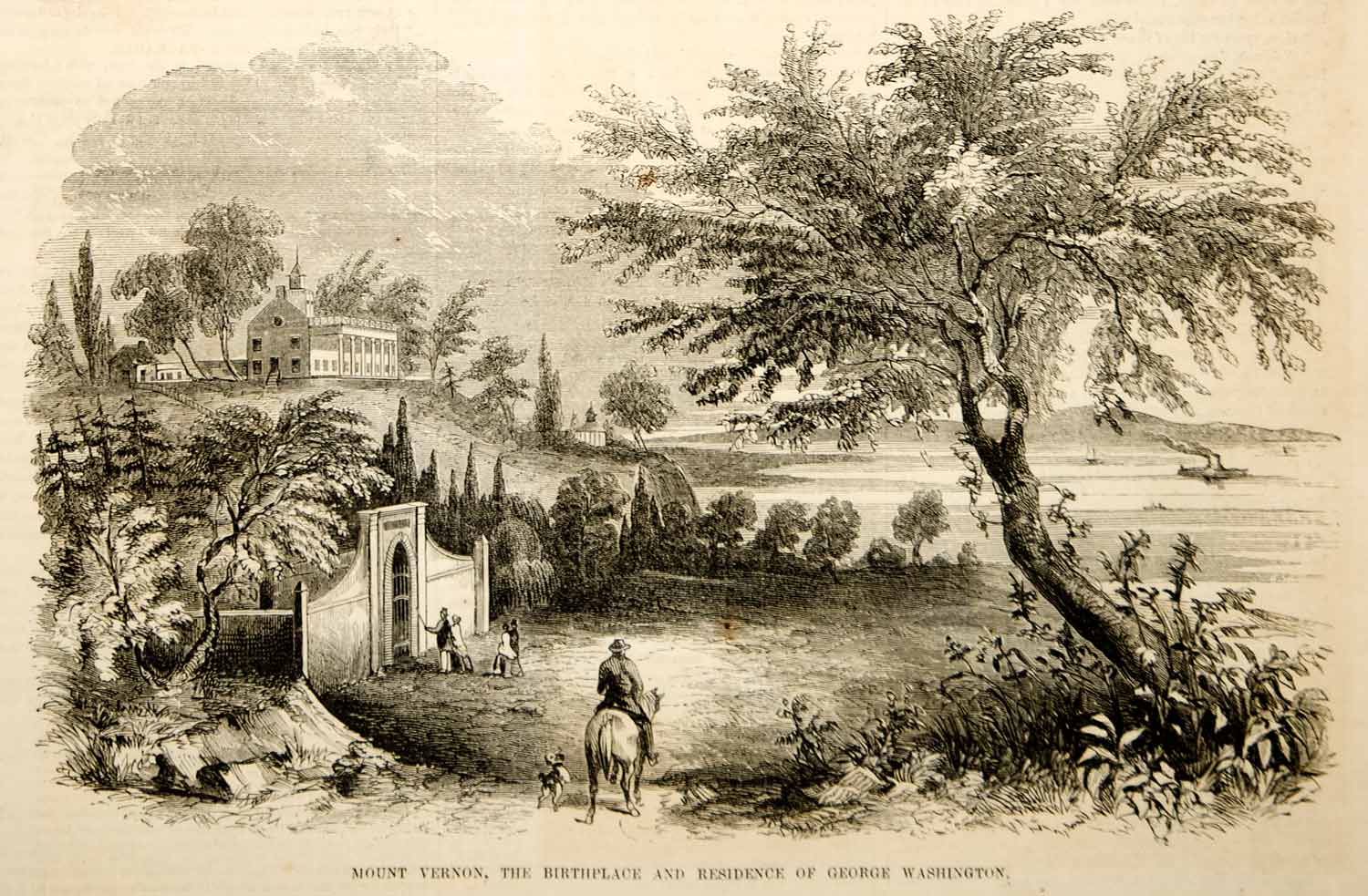 1853 Wood Engraving Mount Vernon George Washington Home Potomac River Historic