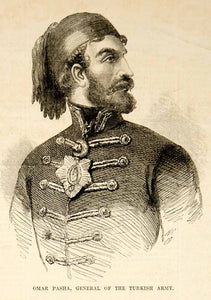 1853 Wood Engraving Omar Pasha Portrait Ottoman General Turkish Army Uniform