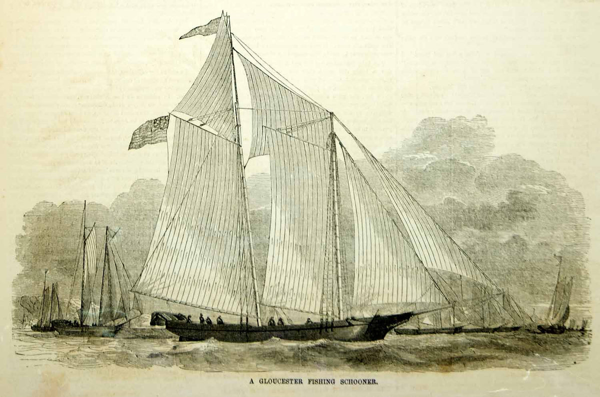 1854 Wood Engraving Gloucester Massachusetts Fishing Schooner Sailing