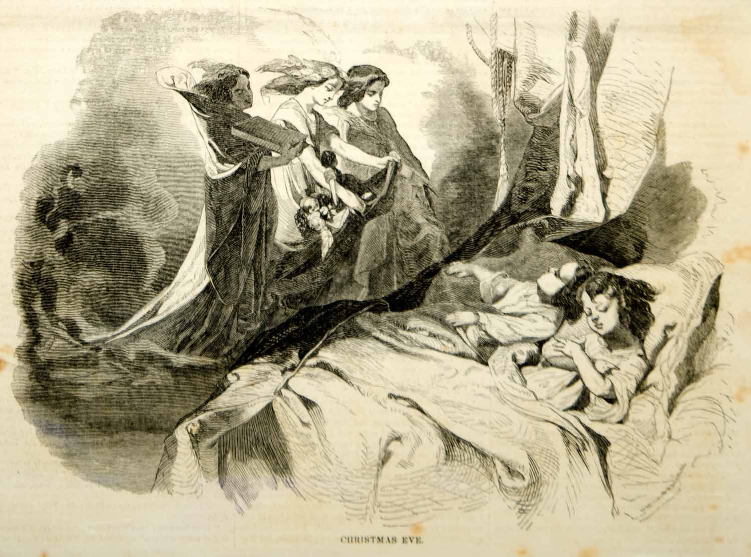 1854 Wood Engraving Christmas Eve Angel Sleeping Children Victorian Illustration
