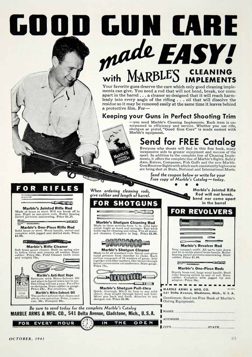 1941 Ad Marble Arms Gun Cleaning Tools Rifle Shotgun Revolver