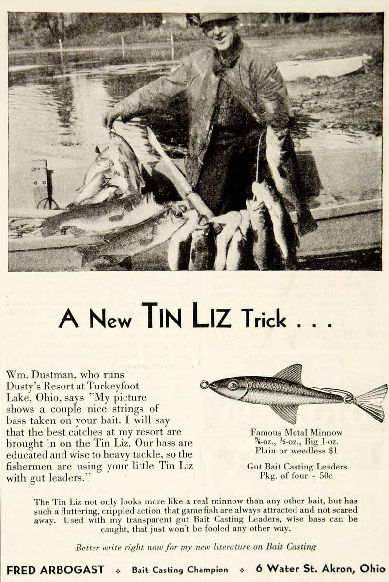 antique fishing lure shows ohio 1931 Ad Bait Casting Tin Liz Minnow Fishing Lure Fred Arbogast Tackle –  Period Paper Historic Art LLC