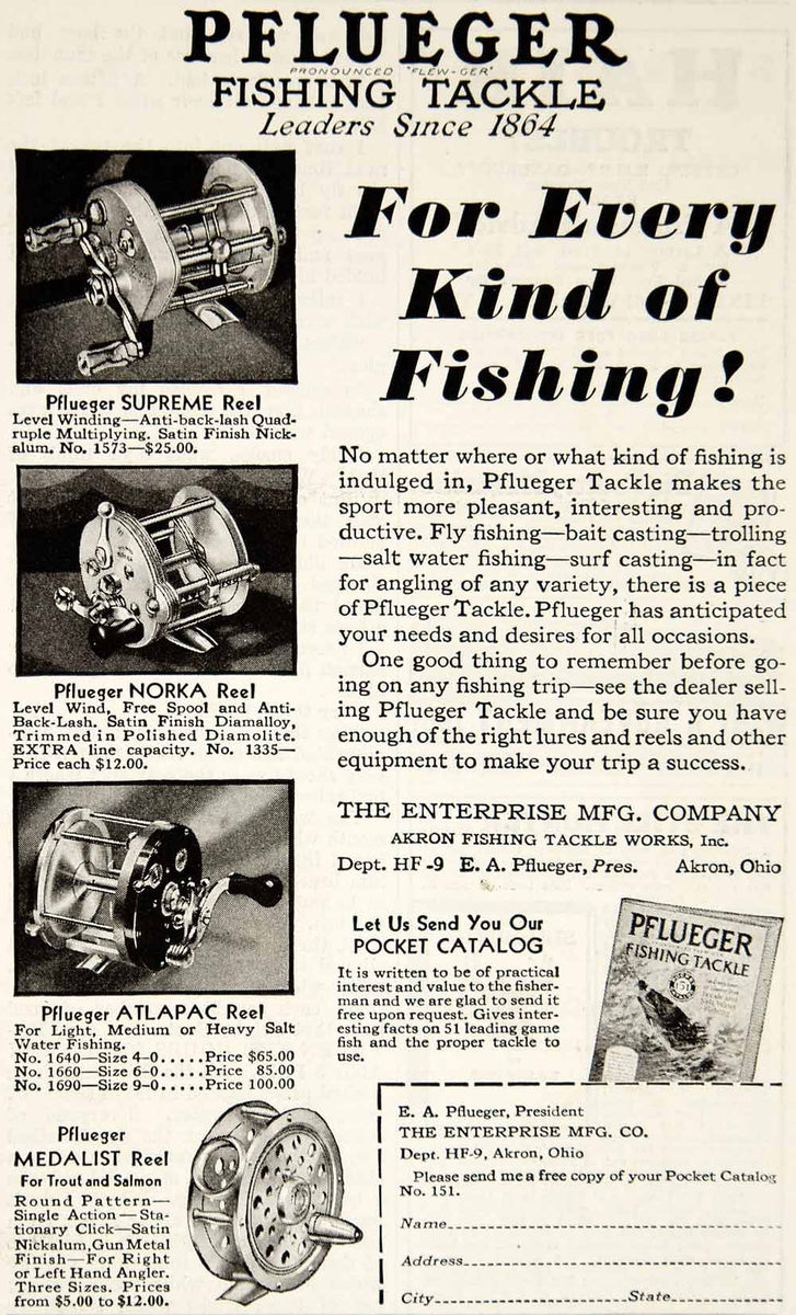 1931 Ad Pflueger Fishing Tackle Supreme Norka Atlapac Medalist Reel YH