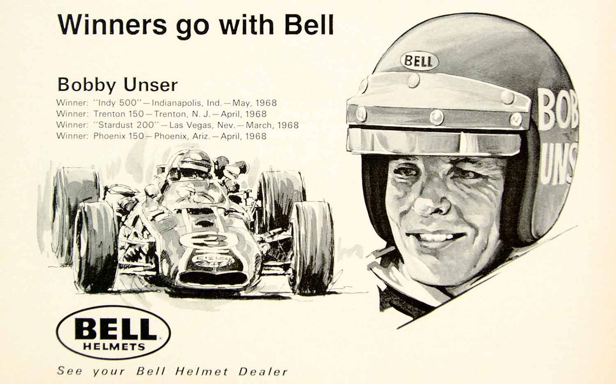 1968 Ad Vintage Bell Helmet Bobby Unser Race Car Driver Champion Racin