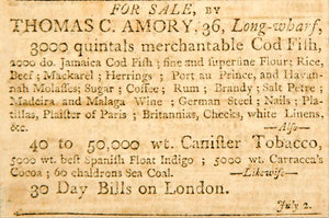 1798 Ad Codfish Flour Rice Tobacco Fish Herring Goods Produce Thomas C YJR1