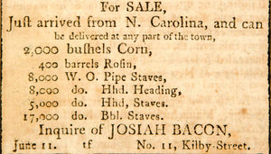1798 Ad Pipe Stave Corn Bushels Josiah Bacon Boston North Carolina Goods YJR1